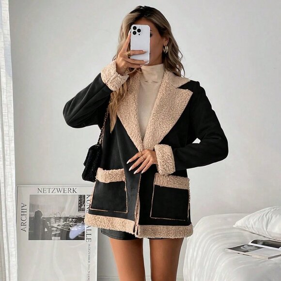 Jackets & Blazers - Black Casual Women's Fluffy Colorblock Warm Jacket